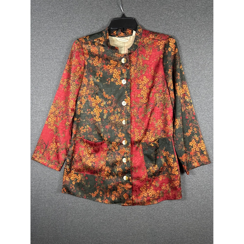 Soft Surroundings Cherry Blossom Top Red Floral Jacquard Button Tunic XS festive